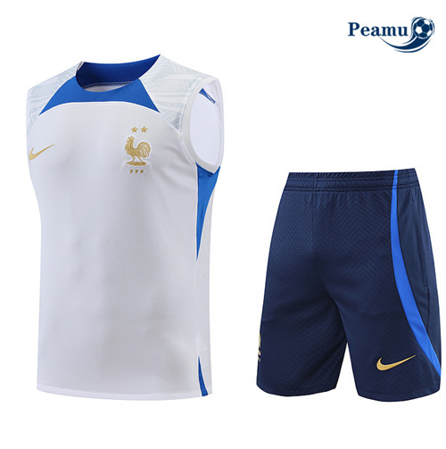 Peamu - Maillot Kit Entrainement Foot France Debardeur + Pantalon Blanc/Bleu Marine 2022-2023