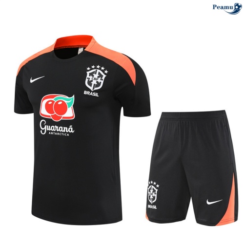 Maillot foot Kit Entrainement Brésil Enfant + Shorts Noir/Orange 2025-2026 peamu 0354