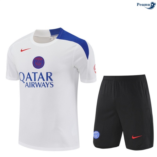 Maillot foot Kit Entrainement PSG Enfant + Shorts Blanc/Noir/Bleu 2025-2026 peamu 0304