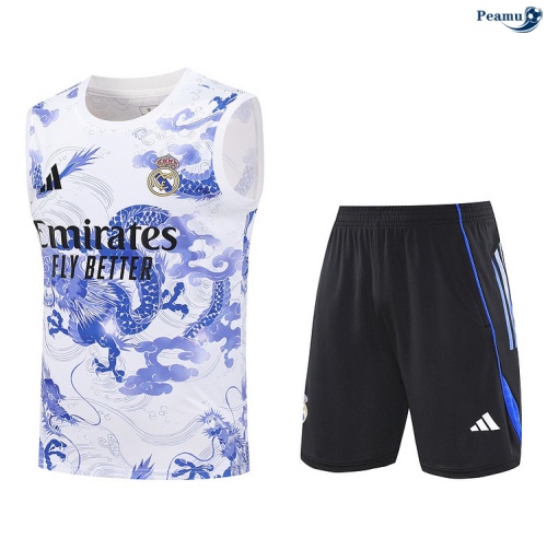 Maillot foot Kit Entrainement Real Madrid Debardeur + Shorts Blanc/Noir/Bleu 2025-2026 peamu 0155