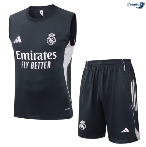 Maillot foot Kit Entrainement Real Madrid Debardeur + Shorts Gris foncé/Blanc 2025-2026 peamu 0185