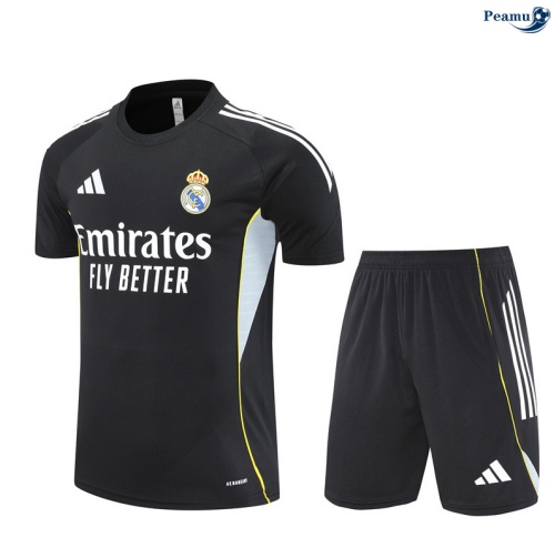 Maillot foot Kit Entrainement Real Madrid Enfant + Shorts Noir/Blanc/Jaune 2025-2026 peamu 0198